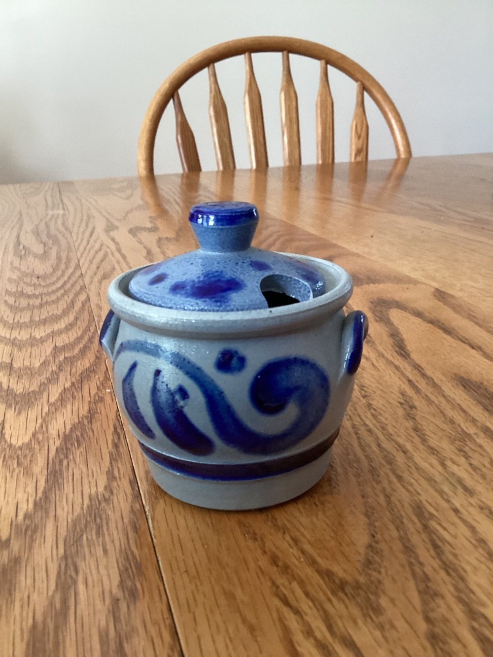 Handcrafted Salt Glazed Small Pottery Jar with Lid and Cobalt Blue Design